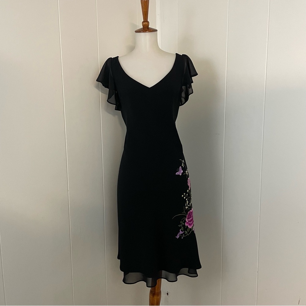 Vintage Black Midi Dress with Purple Floral Embroidery